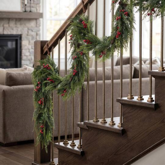 Glitzhome® 9ft. Christmas Greenery Frosted PE Dripping Garland with Pinecones & Red Berries, Set of 2